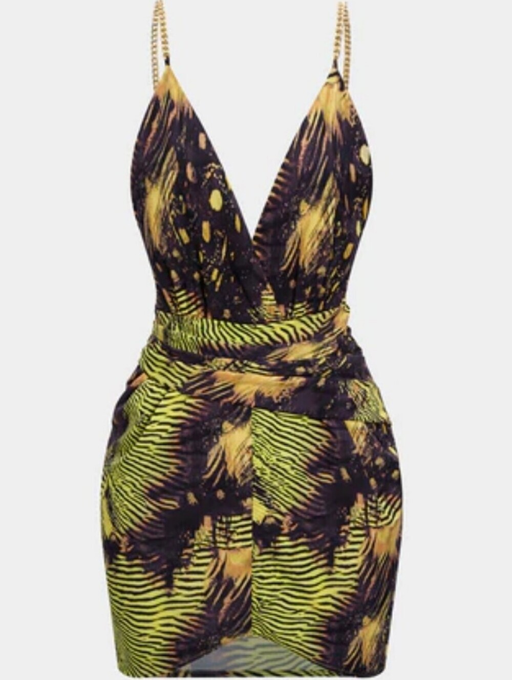 MICAS Asymmetrical mini dress with tropical print and Chain Size MEDIUM